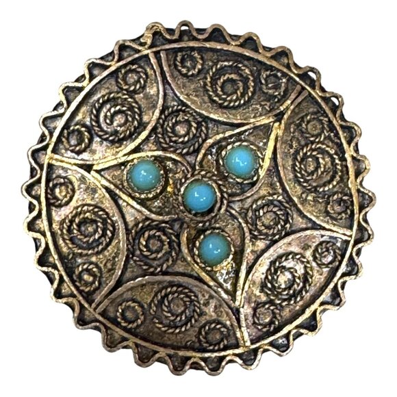 Vtg Sterling Silver Turquoise Filigree Brooch Pendant Southwestern Design 1.25" - Picture 1 of 5
